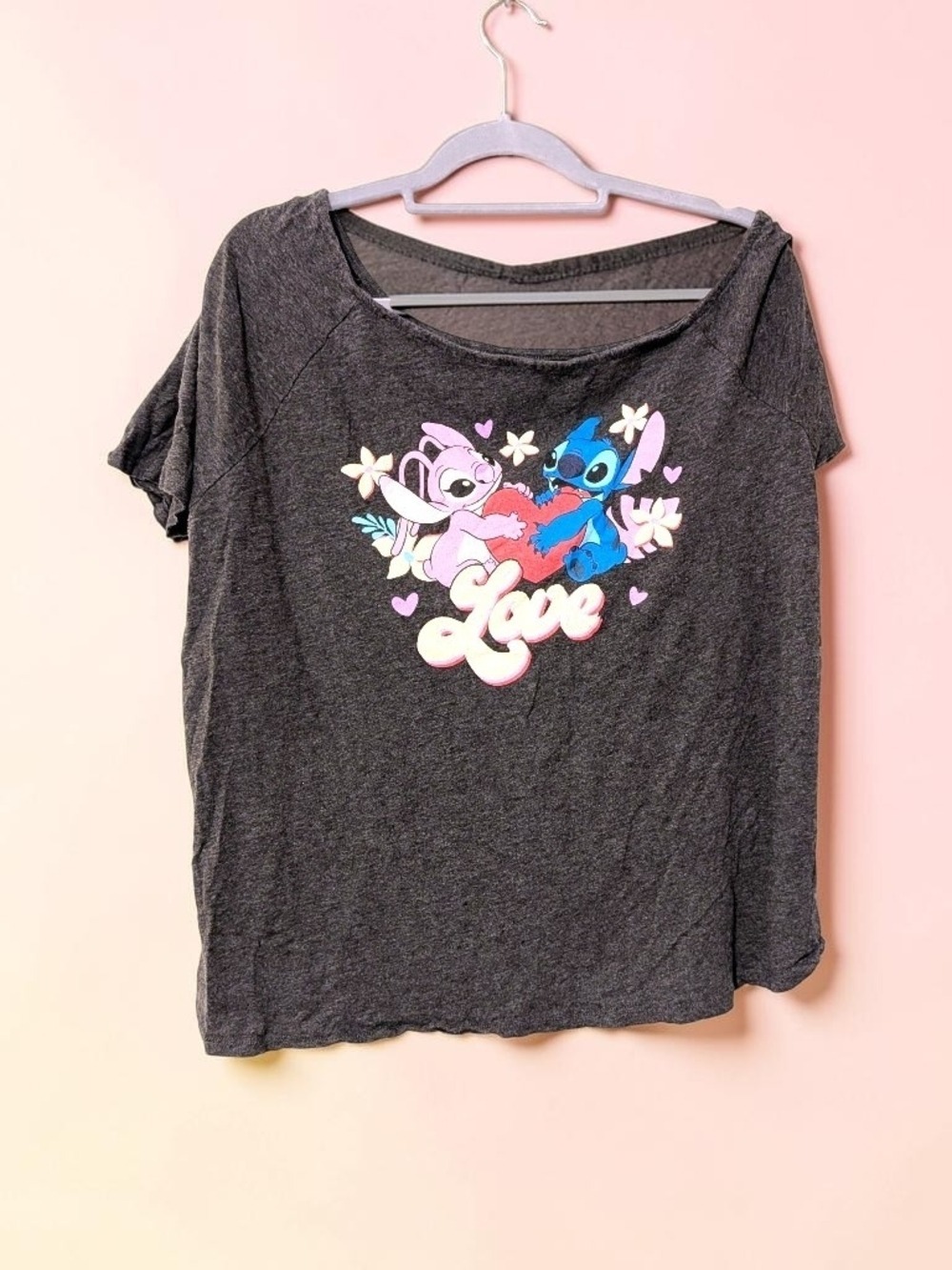 Disney Charcoal One Shoulder Tee Stitch Angel Graphic